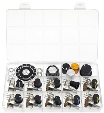 (Paquet de 10) WH148 Vertikales Zweifach-Potentiometer, auswärts gebogen, 6 Stifte Potentiometer B10K 10K Ohm Variable Widerstände 15mm gerändelte Welle Aluminiumlegierung Knopfkappen