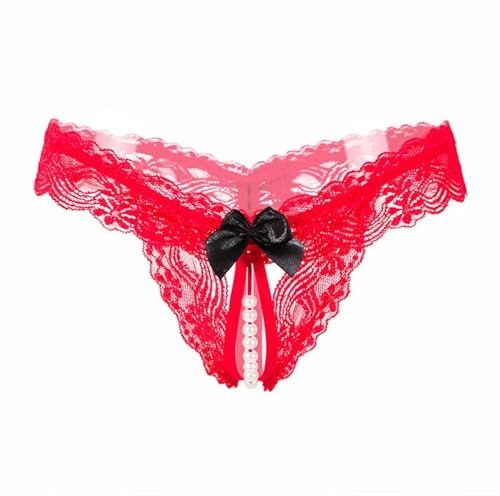 EROSPA® Perlen-String Spitze Slip Ouvert mit Schleife - Damen - One Size (S-L) - Rot - 1 Stück