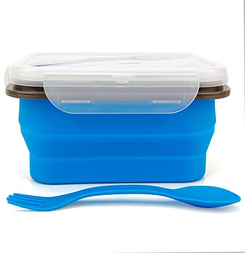 Lunbengo Kleine Camping-Lebensmittelbehälter, 700 ml, faltbare Bento-Box, Silikon-Lunchbox, faltbare Lebensmittelbehälter, mit 2-in-1-Besteck und luftdichtem Deckel, Blau