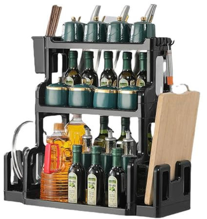 TEmkin Spice Rack Condiment Holder Seasoning Rack Spices Rack Kitchen Counter Shelf Organiser Free Standing Plastics,2 tiers (Black 3 tiers)