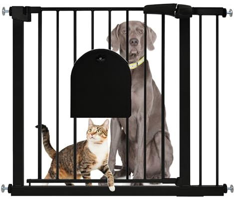 SUBTLETY Türschutzgitter mit Katzenklappe Auto Schließen Treppenschutzgitter Ohne Bohren Hundegitter mit Katzentür Erweiterbar Absperrgitter Schutzgitter für Kinder & Haustiere (Schwarz, 85-95cm)
