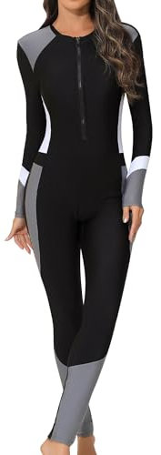 SEAUR Trajes de Surf Deportivos con Cremallera Mujer Bañador de Buceo Protección Solar Rashguard Completo 1 Pieza para Kayak Playa Piscina Negro 2 XL