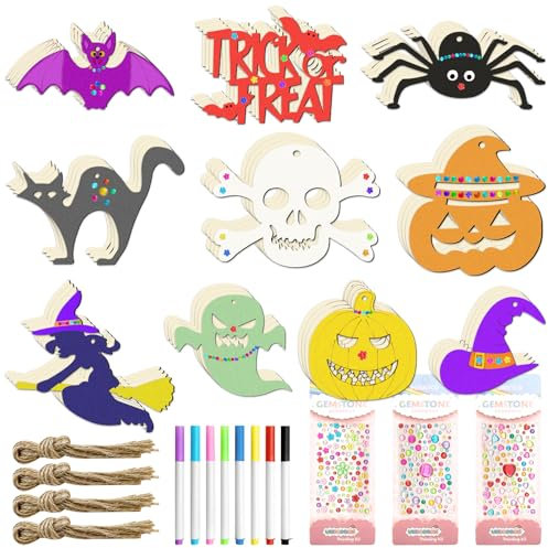 TOPJOWGA Halloween Holz Deko, 40 Stücke Basteln für Kinder, Kürbis Fledermaus Skelett Holzanhänger zum Bemalen, Halloween Bastelset