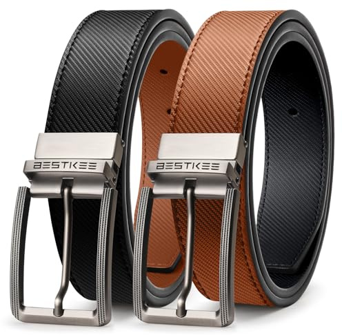 BESTKEE Ceinture Homme,Ceinture Homme Cuir, Ceinture de 35mm de Large, avec Boîte Cadeau, Boucle Rotative Réversible Ceinture pour Hommes, Convient Jeans les Pantalons Costumes