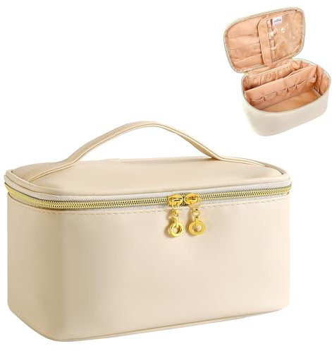 ZIOSINM Reise Kosmetiktasche Damen Groß Für Handtasche, 25 x 17 x 12 cm Make Up Tasche Bag Organizer Mit Fächern Und Bürstenfach Kulturtasche PU Leder Schminktasche, Portable Wasserdicht (Beige)