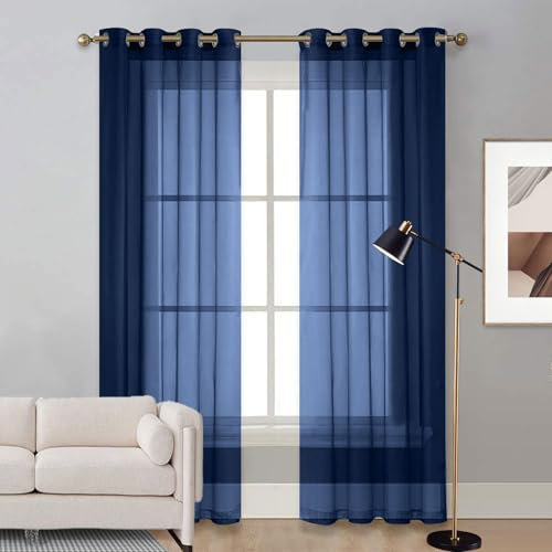 Gardine Halbtransparent mit Ösen 200 x 60 cm Größe Und Farbe Wählbar Himmelbett Vorhänge Baby Querbehang für Wohnzimmer Landhaus Kleine Fenster, Dunkelblau