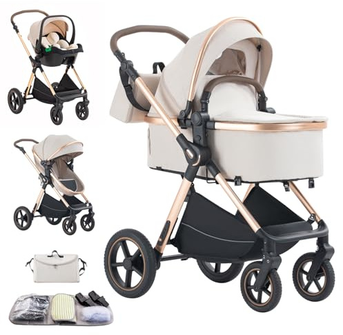 Mobayta 3 in 1 Prams Travel System, Travel Pram with Mosquito Net Raincoat, Pushchair with Height Adjustable Handle for Newborn 0-4 Years, Baby Stroller with Aluminum Frame (D2, D2 RICEWHITE)