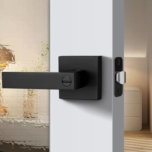 FARDEER Door Knob with Lock for Internal Wooden Bathroom Doors,Stainless Steel Bathroom Flat Reversible Door Handle Square Door Lock Set Without Key Black