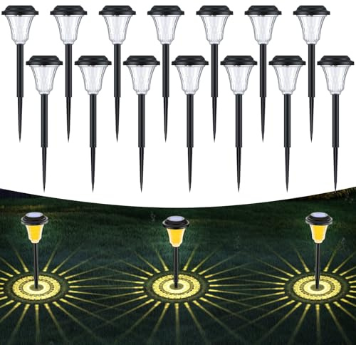 LuJasi Solarlampen für Außen Garten 14 Stück, Solarleuchten Garten IP65 Wasserdicht mit schönen Projektionen für außen, Terrasse, Rasen, Garten, Hof, Wege