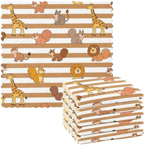 Amooorous Braun-weiß gestreiftes Tier-Löwen-Frottee-Geschirrtuch, Küchentücher, Küchenhandtücher, zum Aufhängen, klassisch, Urlaub, Mikrofaser-Reinigungstücher, 27,9 x 27,9 cm, 6 Stück