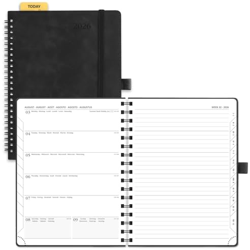 POPRUN Kalender 2026 Buchkalender Ringbuch mit Softcover, ca. A5 (22 x 16,5 cm) - Terminplaner, Wochenplaner Notizbuch (Jan.2026-Dez.2026) mit 100 GSM Papier - Schwarz