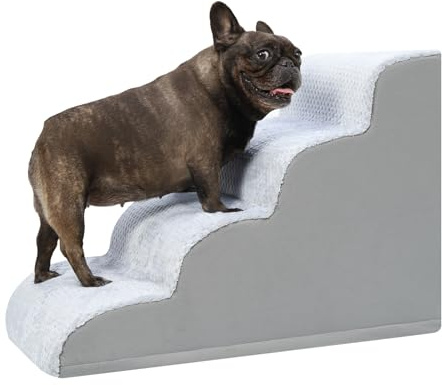 KSIIA Escalera para Perro 4 Escalones, Rampa para Perros con Base Antideslizante, Escalera para Mascotas Funda Desmontable y Lavable, para Sofá y Cama, Cachorros y Mascotas Mayores, 40x72x50 cm, Gris