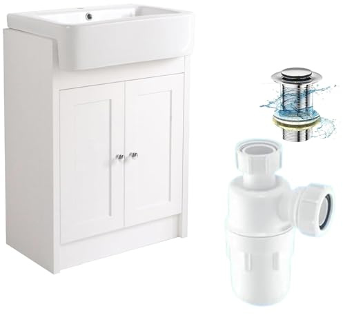 BELOFAY Vanity Unit with Basin | 600mm Floor-Standing Bathroom Vanity Unit with Basin | Soft-Close Hinges & Round Handles | With 1 Tap Hole, Trap & Waste, Tap not included (Crawlex White)