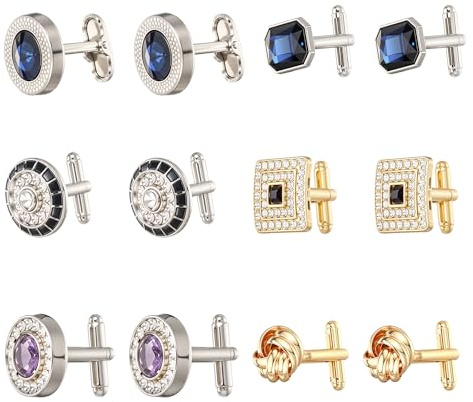 COMNICO 6 Pairs Cufflinks for Men Gorgeous Diamond Crystal Cufflinks Fashion Classic Tone Cuff Links Round Square Rectangle Cuff Links Shirt Studs Formal Business Wedding Gifts for Men