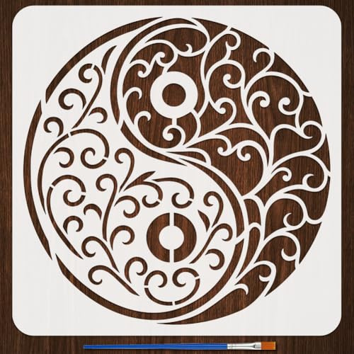 FINGERINSPIRE Brokat Yin Yang Malschablone Mit Pinsel 30x30cm Große Wiederverwendbare Schablonen Mit Yin Yang Symbol Kreative Kunststoffschablonen Für DIY Kunstprojekte Und Heimdekoration.
