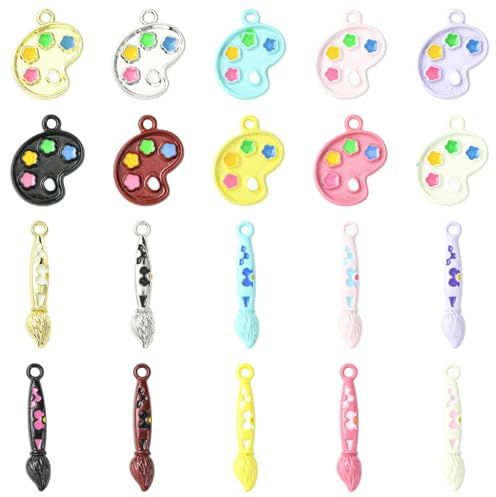 Stiesy 20Pcs Palette Enamel Charms Paintbrush Charm Bulk Painter Artist Charm Bulk Paint Pen Jewelry Pendants for Jewellery Making Crafts Bracelets Necklaces DIY Gifts