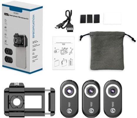 LVYXON Obiettivo per microscopio 3 in 1, kit obiettivo macro per smartphone con ingrandimento 100X/150X/200X e luce LED integrata per fotografia ravvicinata, kit obiettivo 3 in 1