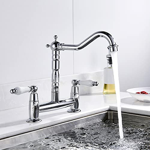 2 Hole Kitchen Sink Mixer Taps White Ceramic Dual Lever Chrome Kitchen Taps with Swivel Spout 180mm Bridge Deck Mounted 1/4 Turn Brass Body Polished Finish Hot & Cold Faucet with UK Standard Fittings