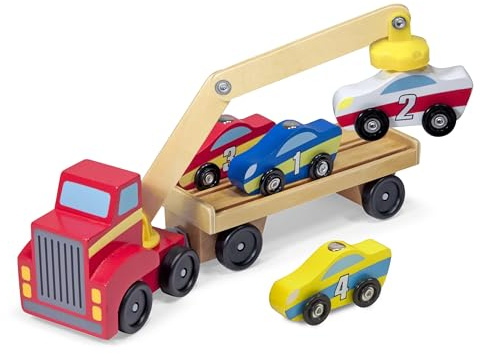 Melissa & Doug Magnetic Car Loader Wooden Toy Set with 4 Cars and Toy Truck - Pretend Play and Race Car Fun for Preschool Toys, Ages 3+