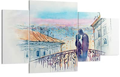 Moderne Impression sur Toile 160x90cm Image Tableau Decoration Murale Couple Amour Ville Pont Tableaux Decoratifs Muraux Chambre Triptyque 4 parties Deco Cadre Décoration Salon Art Wall DL160x90-2998