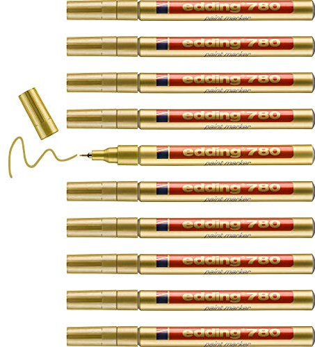 edding 780 marqueur peinture - or - 10 stylos - pointe ronde,8 mm - marqueur de peinture pour l'étiquetage du métal, verre, roche ou du plastique - résistant à la chaleur, permanent et étanche
