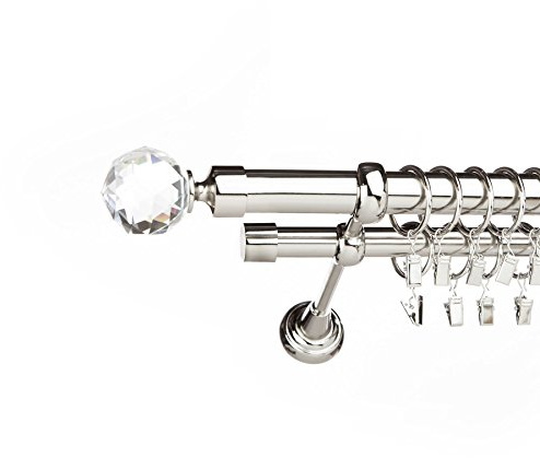 IANPAV NO RINGS - Metal Double Curtain Rod/Pole 25/19mm, Inox (Stainless Steel), Classic Beluna Crystal, 160
