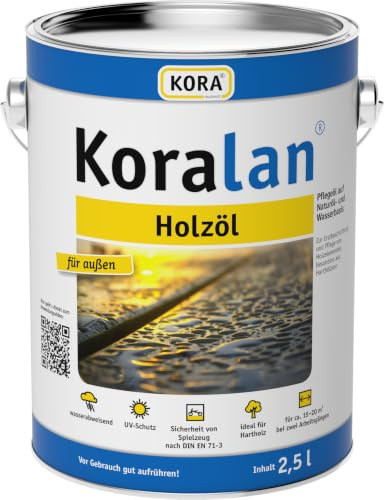 KORA® Koralan® Holzöl - wetterfestes Pflegeöl für Gartenmöbel, Zäune & Terrassen, UV-beständig, wasserabweisend, pflegt Nadel- und Hartholz, langlebiger Schutz für Holz draußen (Bangkirai, 2,5 Liter)
