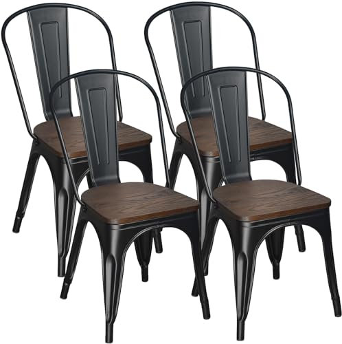 H JINHUI Set of 4 Dining Chairs, Industrial Metal Bistro Chairs with Elm Wood Seat and Backrest for Restaurant, Dining Room, Patio (Black, Elm Wood Seat)