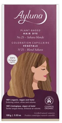 Ayluna Pflanzenhaarfarbe 25 Saharablond, vegane Haarfarbe mit Henna, indischer Krapp, Fenugreek & Kamille, für eine langanhaltende Färbung, Glanz & Volumen, Ammoniakfrei, 100% Grauhaarabdeckung, 100g