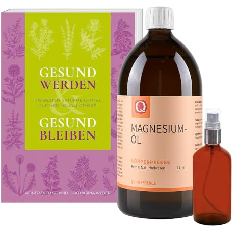 Quintessence Zechstein Magnesiumöl 1000ml mit Zubehörflasche & Buch im Geschenkset, Veganes, naturbelassenes Massageöl & Körperpflege Öl original aus dem Zechsteiner Meer, Produziert in Österreich