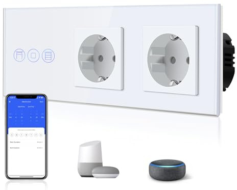 BSEED Normal Doppelt Steckdose mit Smart Alexa Rollenschalter (Vorhang nicht) Glas Wifi Touch Schalter (Neutrale Leitung benötigt), Kompatibel mit Tuya/Google Home/SAMRT LIFE Weiß