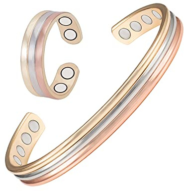 EnerMagiX trefärgade magnetiska koppararmband och ring för kvinnor eller män, koppararmband med 8 magneter, 15 cm, justerbar storlek, damdagspresent till mamma, fru