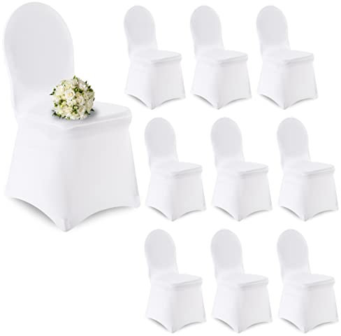 Raburg 10er-Set Stretch-Stuhl-Husse, runde Lehne, für viele Stühle & Anlässe, mit Schleife, Universal-Stuhlbezug/Stuhlabdeckung, Hochzeit Taufe Bankett Party Garten-Hochzeit, Cinderella, Weiß