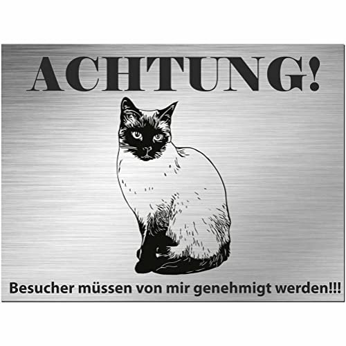 Indigos UG - Schild siamesische Katze - bedruckt - Achtung Besucher - Aluverbundplatte Edelstahl Look - 60x40 cm - Spruch - Deko Geschenkidee - Hund - Zaun - Türschild - Hinweisschild - Warnschild