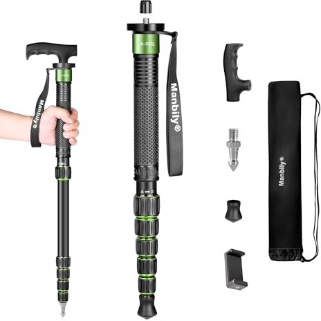 Monopods for Cameras Manbily Camera Monopod 61inches Walking Stick with Handle Portable Compact Travel Monopod Aluminum Alloy Selfie Stick 6 Sections 15.4lbs for DSLR Video Camcorder Stand (GREEN)