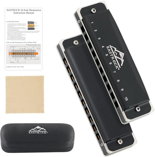 EastRock 10 Hole Blues Harmonica G Key Matte Black with Case for Beginner