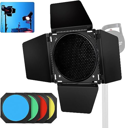 Soonpho BD-04 Barn Door Metal Barndoor & Honeycomb Grid & 4 Colour Gel Filter Kit for 7 Inch Standard Reflector Bowens Mount Compatible with GODOX LED Video Light para NEEWER Amaran Aputure