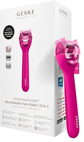 GESKE MicroNeedle Face Roller | 9 in 1 Derma Roller Massaggiatore viso | SmartAppGuided™ | Dispositivo professionale per microneedling con quarzo rosa | Rullo di bellezza per il viso