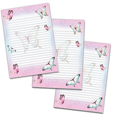 3 bunte Briefblöcke Briefpapier für Mädchen Kinder Schmetterlinge Blumen (3 Blöcke A4 mit je 25 Blätter)