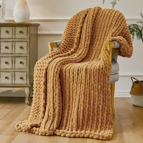 Esterra Tjock stickad filt nyligen uppgraderad tung åtare version, handgjord chenilleöverkast supermjukt, tjockt garn kabel stickad virkad filt för bäddsoffa (127 x 152 cm senapsgul)