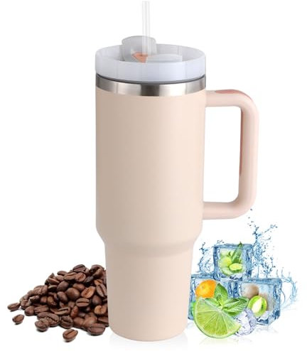 PRAOAHEI 40oz Thermobecher mit Strohhalm und Henkel,1180 ML Doppelwandiger Edelstahl Heiße Kalte Getränke Vakuum Trinkbecher, Kaffeebecher für Zuhause Reisen Sakura Rosa