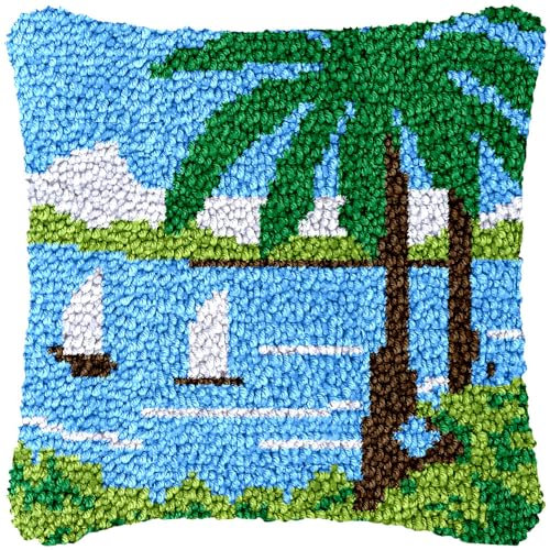Taxpy Knüpfkissen Set mit Knüpfhaken und Toolkit zum Selber Knüpfen Kissens, DIY Kissen Dekokissen, 43x43cm(Landschaftsmuster,M)