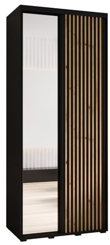 ABIKSMEBLE Sapporo 2 Armoire Moderne à Deux Portes Coulissantes avec Miroir, Barre, Étagères - Armoire de Rangement pour Chambre, Salon - 205,2x100x45 cm - Noir Noir Artisan