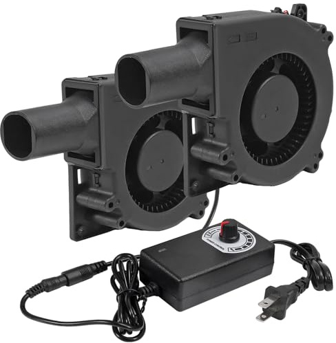 2Set 120mm BBQ Fan 12V Blower Brushless with 110V/120V Variable Speed Controller Fan 4.72in Air Mover Cooling for Camping Quick Charcoal Starter,Outdoor Barbecues,Camping Cooking (2 fan+2 controller)