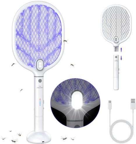 PALONE Racchetta Zanzare Elettrica 4000V con 2 Type-C, 1800mAh Ricaricabile Rimovibile Scacciamosche Elettrico Portatile, Notte LED & Base di Ricarica USB C