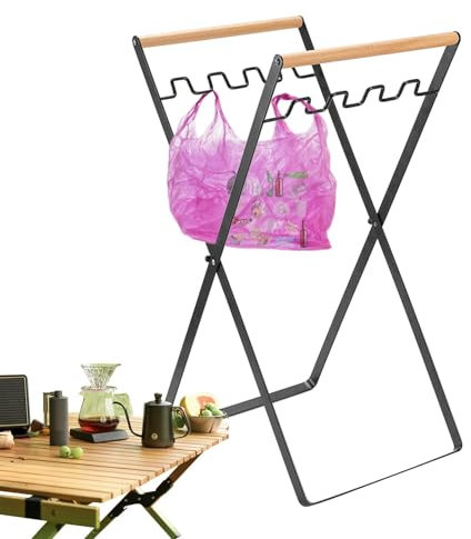 BBQ Garbage Bag Holder, Outdoor Rubbish Bag Stand, Rubbish Bag Holder with Wooden Handle - Mental Foldable Bin Stand for Adventure, Garden, Laundry