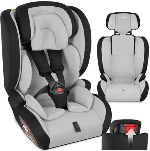 tectake® Autositz mit 5-Punkt-Gurt, i-Size Zulassung, mit Seitenaufprallschutz, Kindersitz Sitzerhöhung für Kinder von 76-150 cm, bis 36 kg, Kindersitzerhöhung, ohne Isofix - hellgrau/schwarz