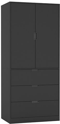 URBNLIVING 2 Door 3 Drawer Black White Oak Grey Modern Wardrobe Furniture with Clothes Hanging Rail Storage Shelf for Home Bedroom Organiser Unit H180cm x W80cm x D50cm