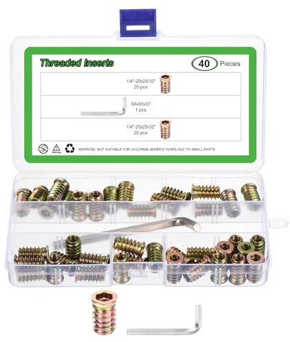 sourcing map 40Pcs 1/4-20x25/32 Threaded Inserts Nuts, Zinc Alloy Hex Socket Drive Screw-in Nut Threaded Inserts with 1Pcs Hex Wrench, Wood Inserts Bolt Assortment Kit for Wood Furniture