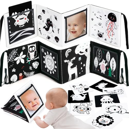 URMYWO Juguetes para Bebés 0-12 Meses - Libro de Tela Suave con Espejo, Plegable y Lavable, Juguetes Montessori para Tummy Time, Regalo para Recién Nacidos